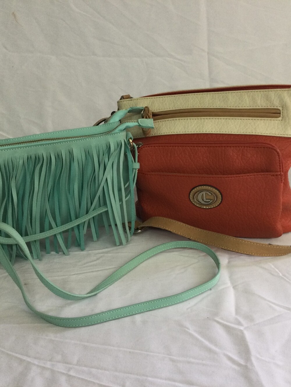2 Purses, Light Green Fringed Shoulder Purse And Red And White Shoulder Purse